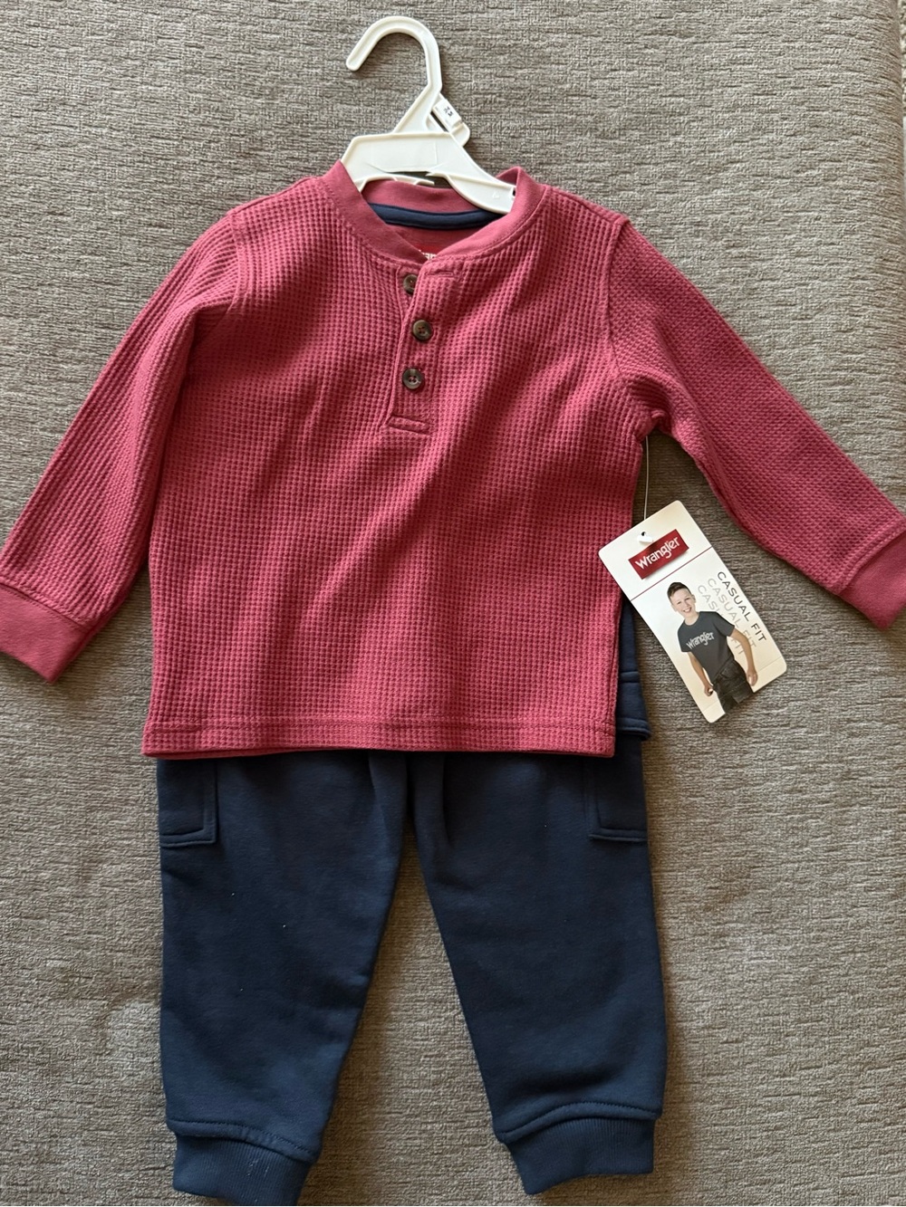 Wrangler Toddler Berry Red Waffle Henley Top with Navy Joggers